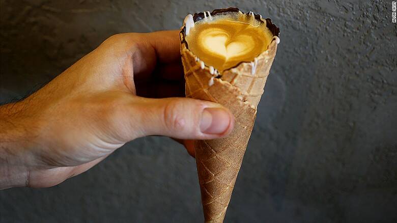 Dayne Levinrad's coffee in a cone invention. Photo: CNN.