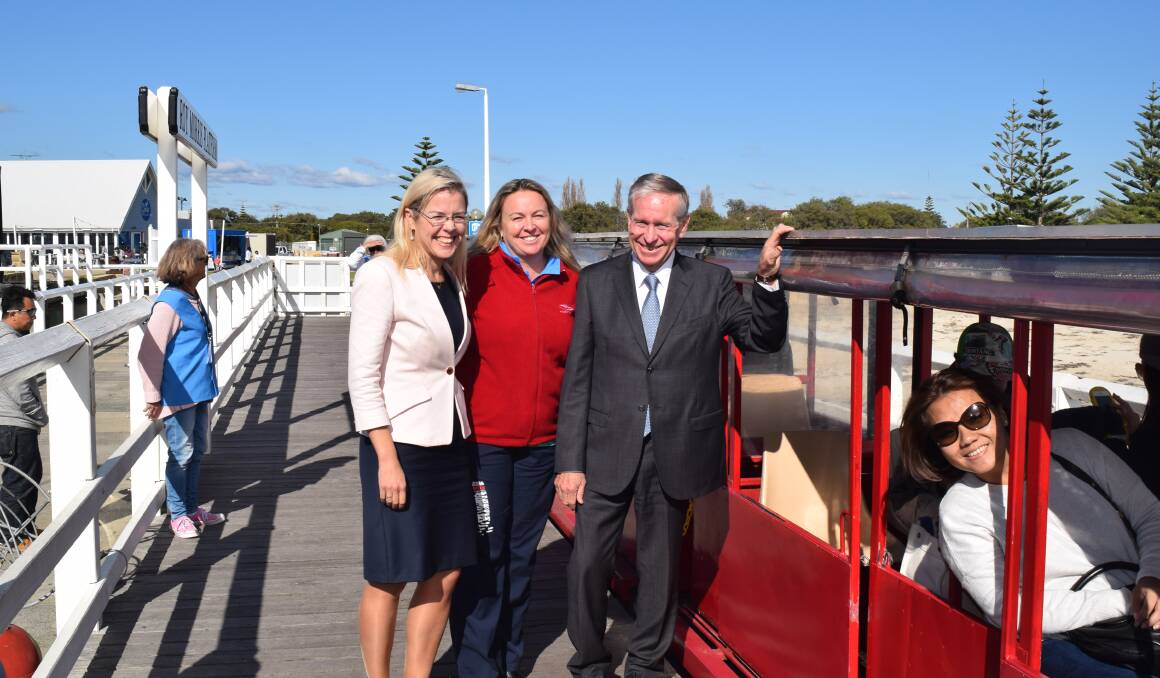 Vasse MP Libby Mettam, Busselton Jetty chief executive officer Lisa Shreeve and Premier Colin Barnett at the Busselton Jetty train.