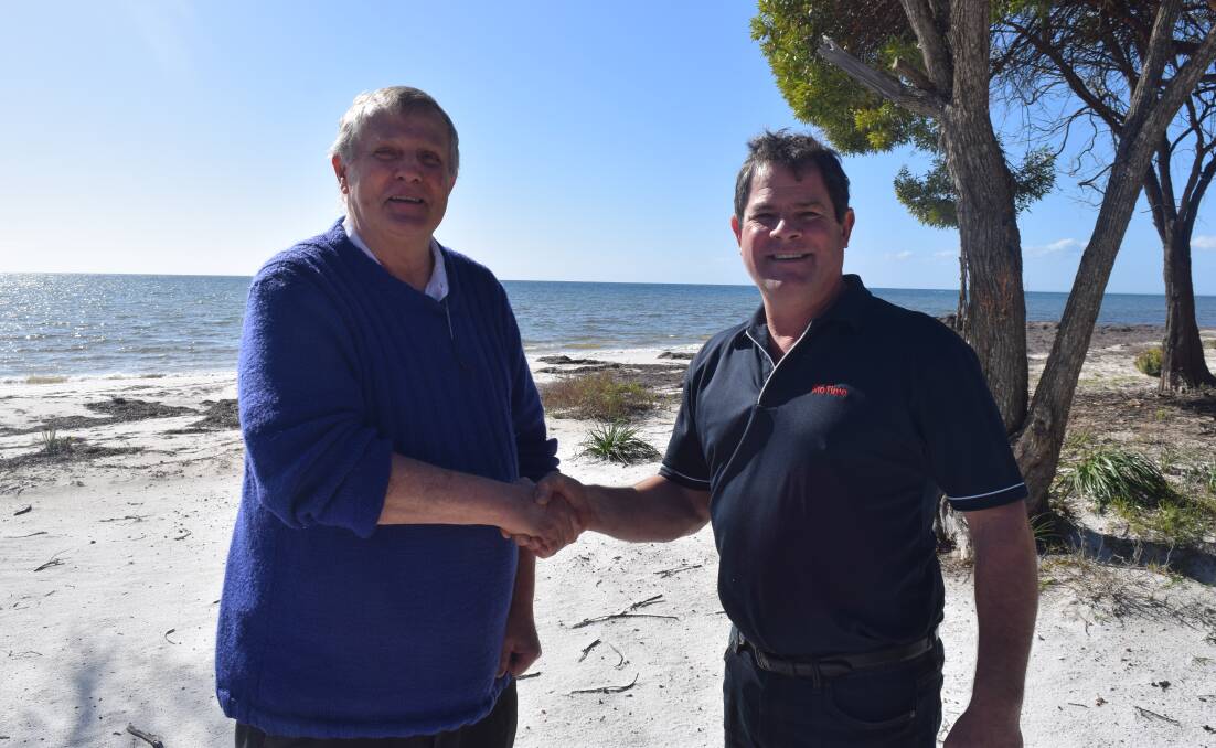 Fresh Start Recovery Program found Dr George O'Neil thanking Rio Tinto superintendent community engagement Justin Francesconi for the donation of four dongas which will be used for accommodation at Locke Estate.
