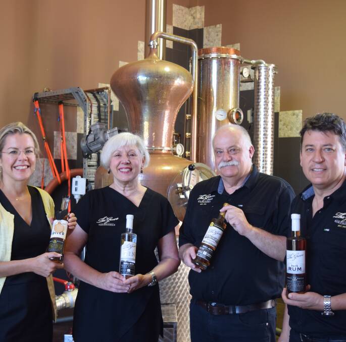 Vasse MP Libby Mettam, The Grove Distillery owners Val and Steve Hughes and award-winning distiller James Reed celebrate their first export order from overseas.