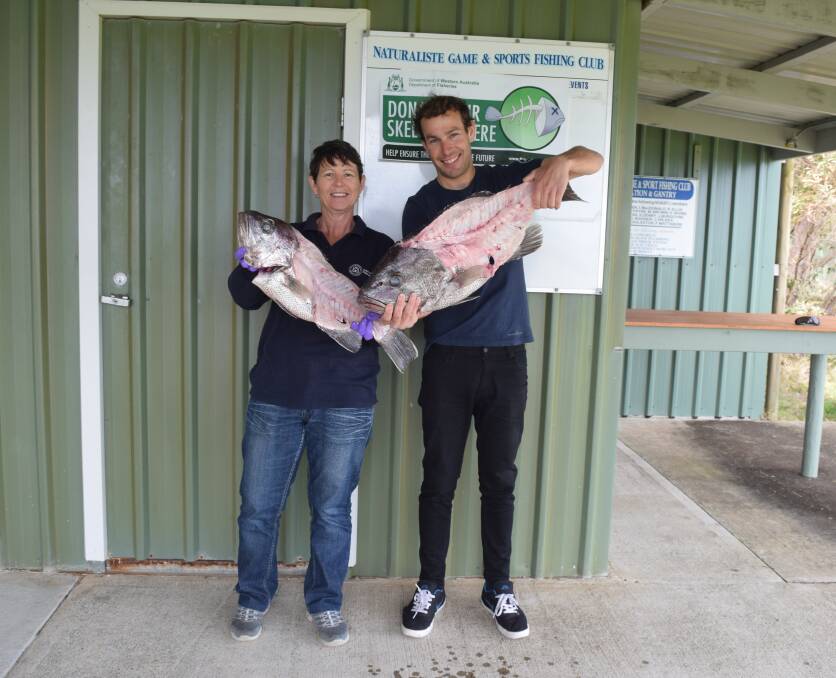 Department of Fisheries WA research assistant Kim Clayton and senior technical officer Brett Crisafulli with a couple of dhu fish skeletons which they use to measure how the population is tracking.