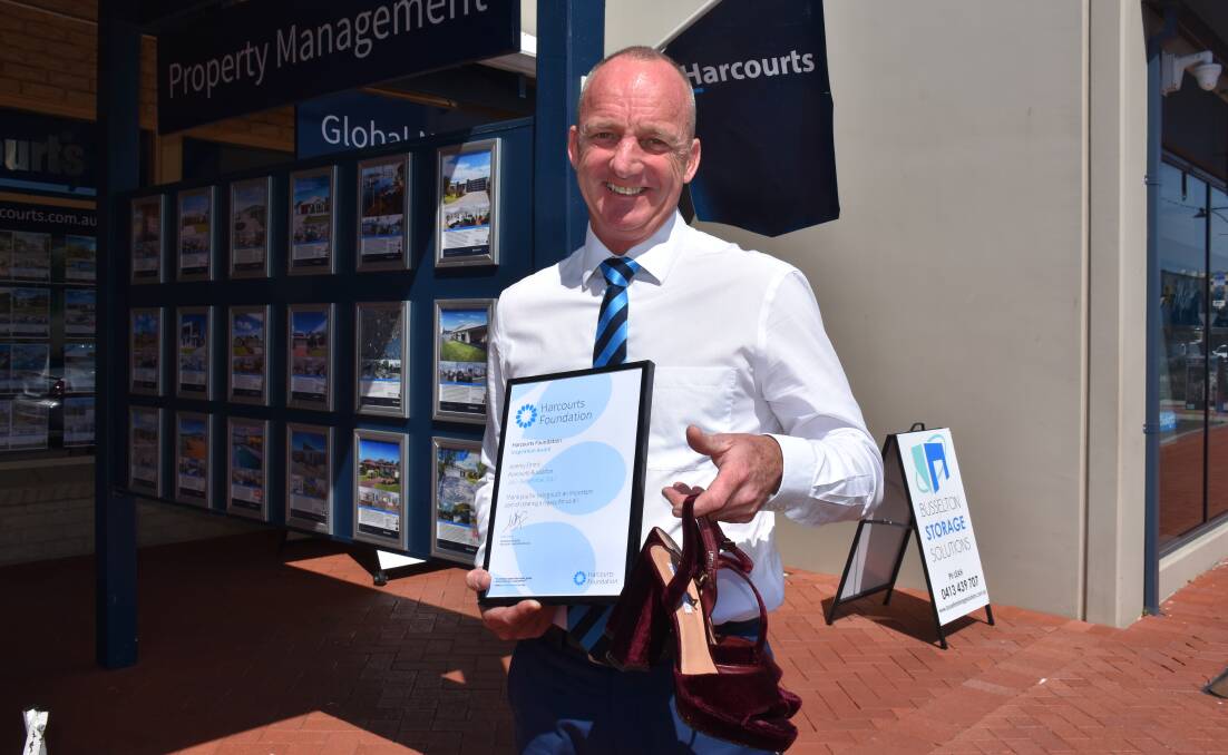 Harcourts Busselton property consultant Jeremy Emms raised the highest amount of money in WA for the charity event 'Walk a mile in her shoes.' Photo by Emma Kirk.