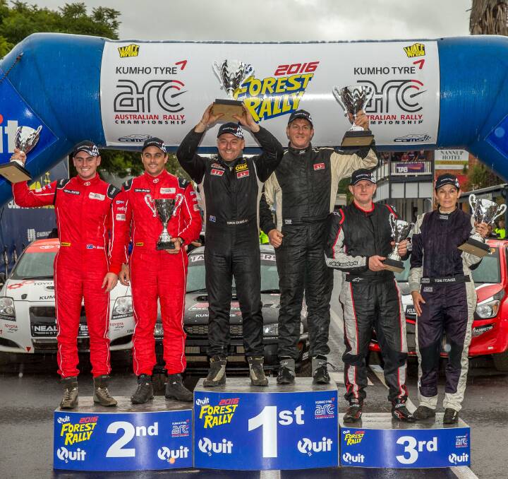 The 2016 Quit Forest Rally champions Simon Evans and Ben Searcy, Harry Bates and John McCarthy in second and Justin Dowel and Toni Feaver in third.