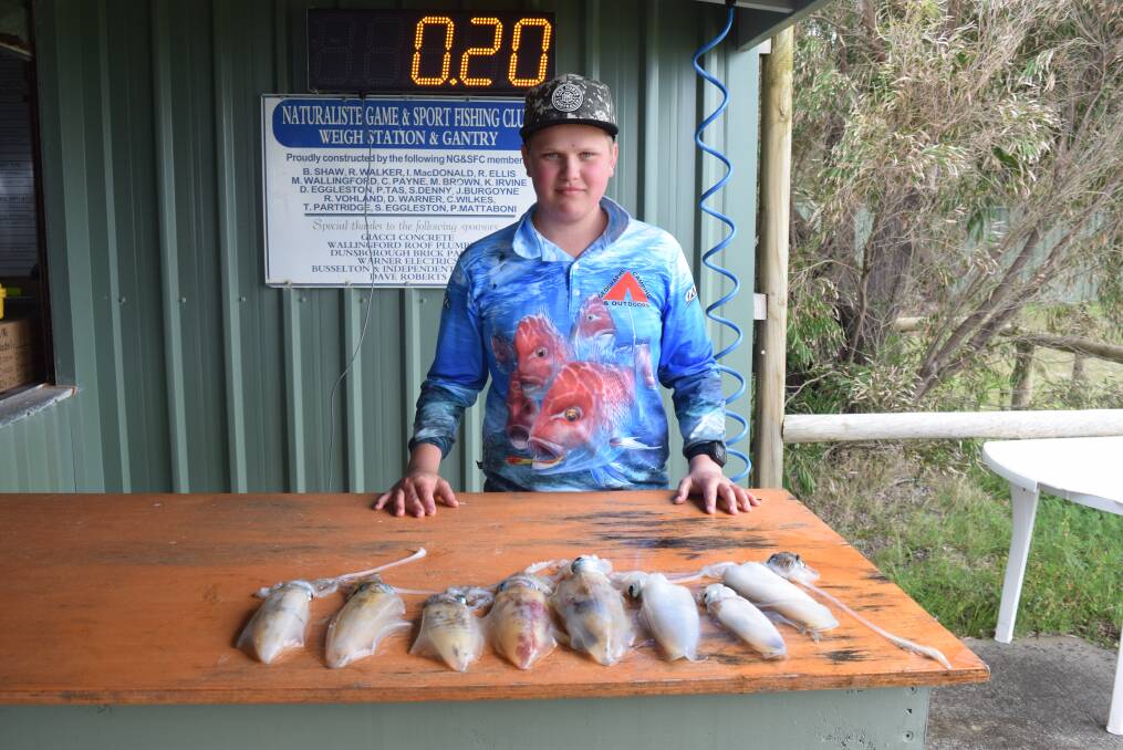 Nate Glover pictured with his catch of squid caught on Gone Fishing Day at the Naturaliste Game and Sport Fishing Club in Busselton. The club's next land based competition will be held on the weekend of November 19 and 20.