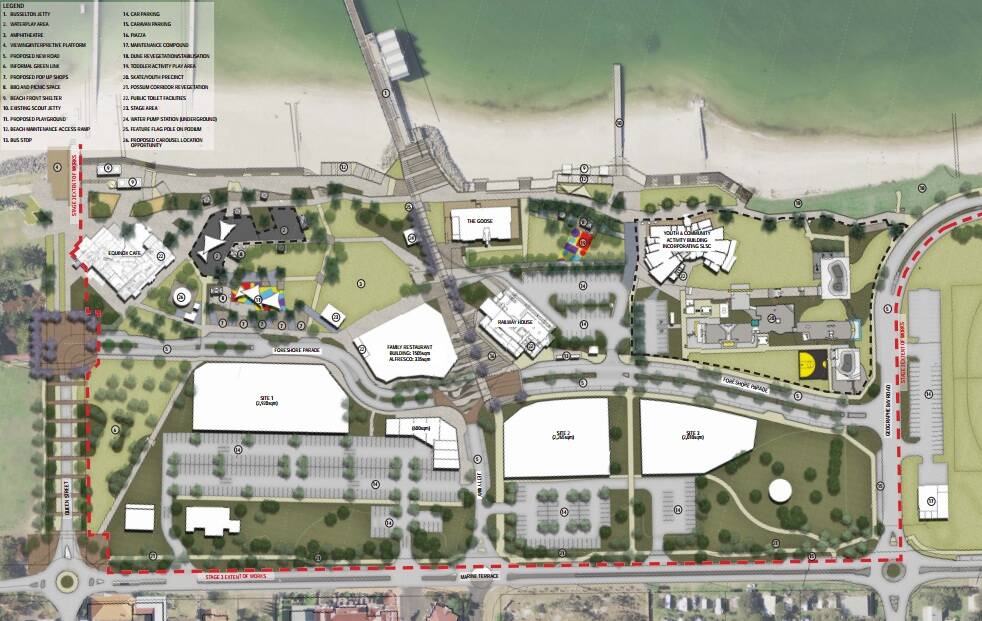 Stage three of the Busselton Foreshore upgrade masterplan, which shows site one and two earmarked for the future hotels. Image provided by the City of Busselton.