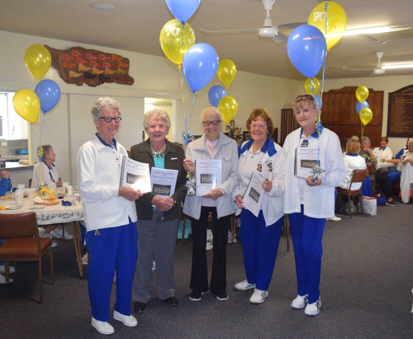 Busselton Bowling Club life members Beryle Rose, Merle Halden, patron Beryl Grimshaw, Margaret Grigg and Shirly Silverman who created the book.