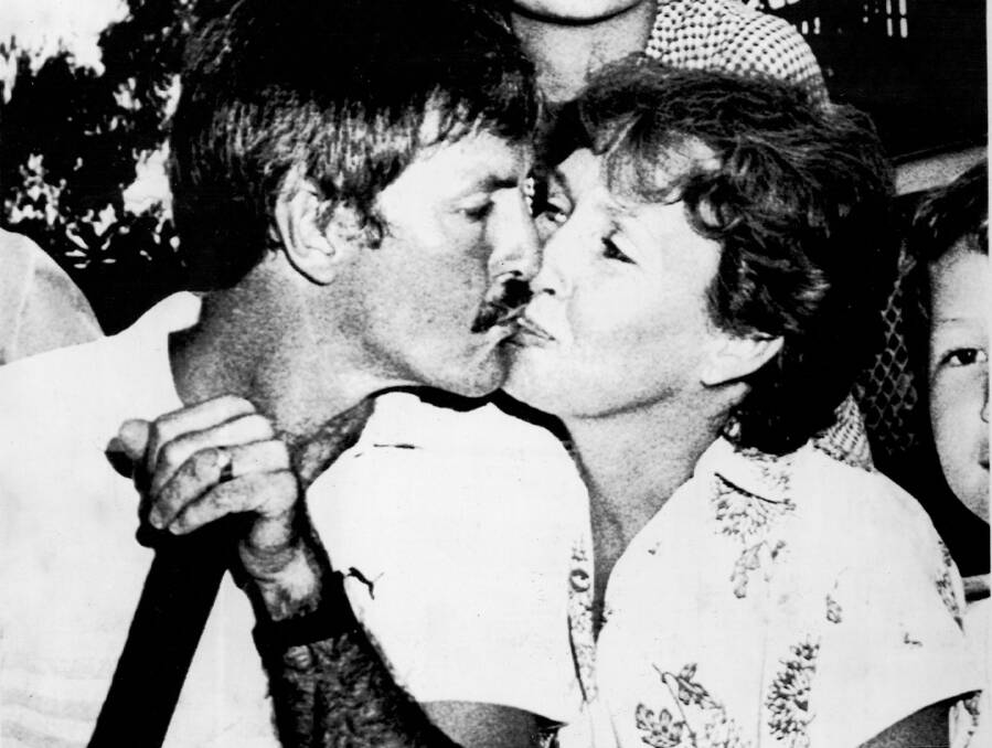 Carolyn Holland gives her husband a congratulatory kiss after he was named in the 1985 Ashes squad.