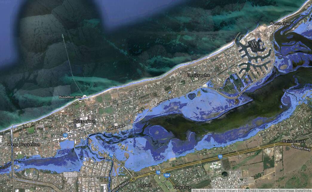A Coastal Risk Australia map predicting what Busselton will look like if the tide continues to rise a further 0.74m by 2100. How would your property fare?