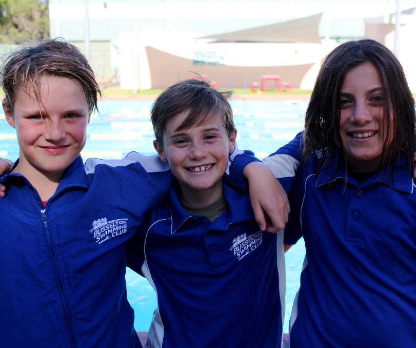Charlie Bee, Oliver Snedden and Indiana Sneddon at the SunSmart Rookie swim meet in Perth were the trio achieved personal best times. Photo supplied.