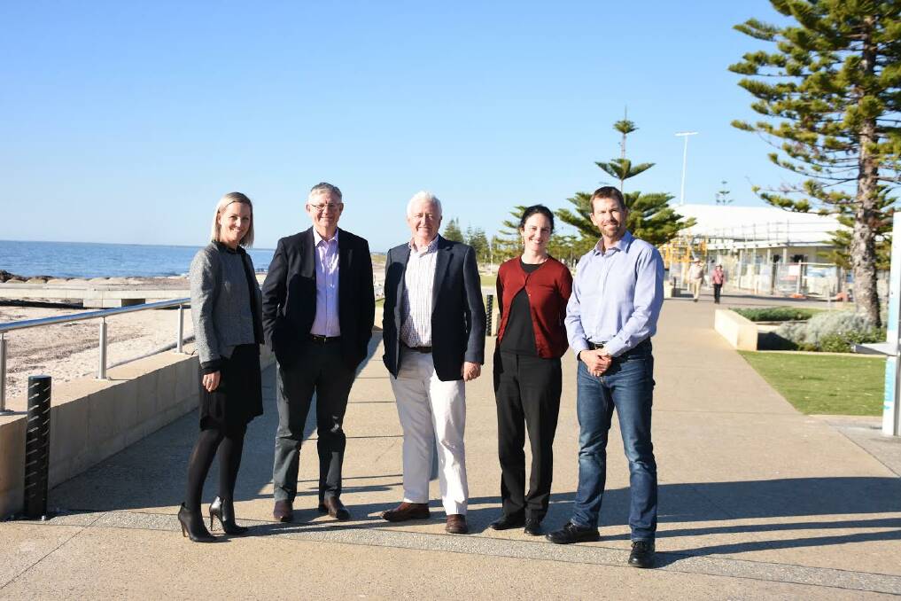 Trust members Karlie Mucjanko, Tim Shanahan, Stuart Hicks, Kate Chaney and Paul Farrell take a look at the development under way on the Busselton foreshore.