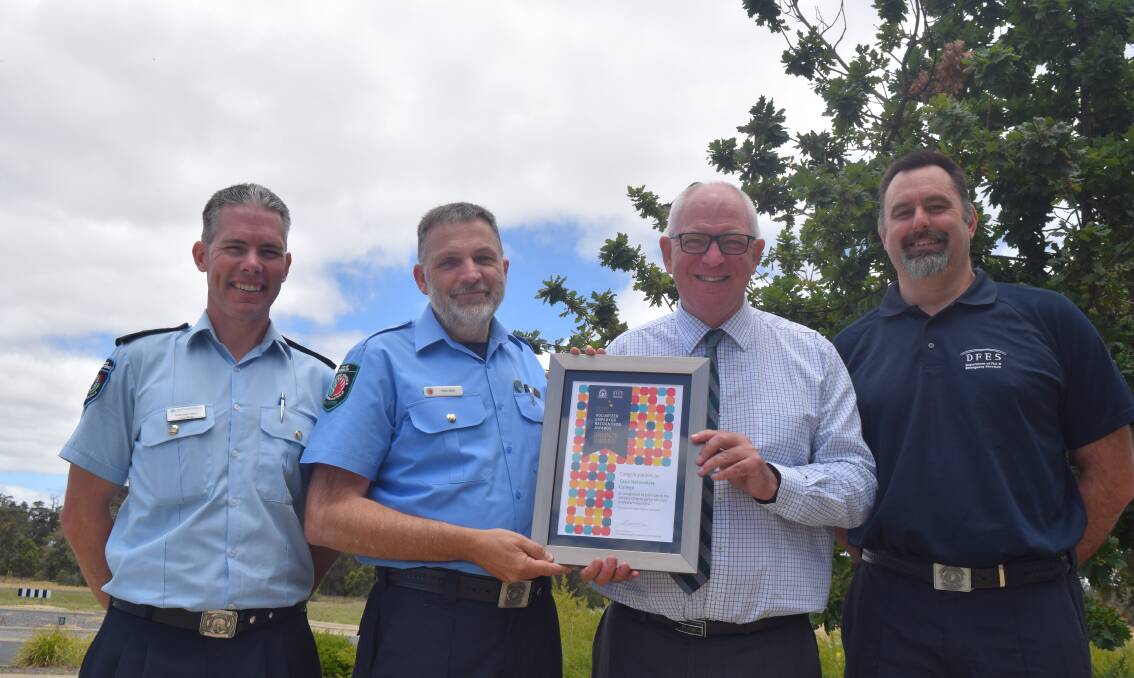 Department of Fire and Emergency Services Leeuwin area officer Nathan Hall, Busselton emergency service volunteer Peter Stark, Cape Naturaliste College principal Mark Gillett and teacher Jeff Mead. Image Sophie Elliott.