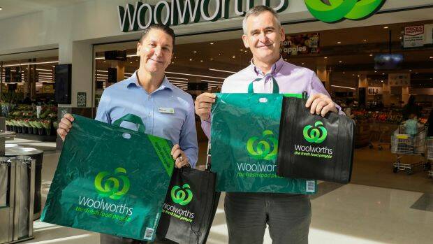 Woolworths Group chief executive Brad Banducci, right, and Woolworths Stores director Michael James with the company's new range of bags. Photo: Supplied
