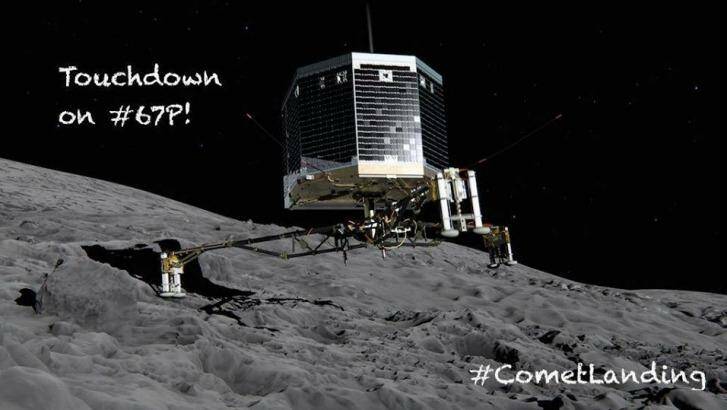 Philae lands on the surface of a comet.  Photo: Rosetta mission Facebook page