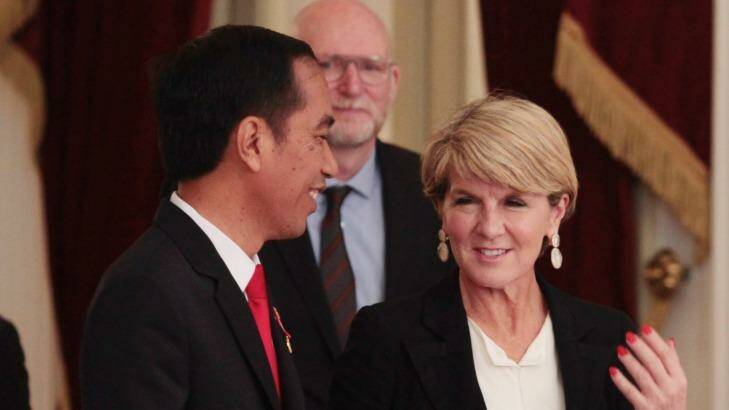 Indonesian President Joko Widodo welcomes Australian Foreign Minister Julie Bishop at Merdeka Palace in Jakarta, on Wednesday. Photo: Irwin Fedriansyah