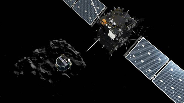 Artist's impression of lander Philae separating from Rosetta and descending to the surface of the comet. Photo: ESA