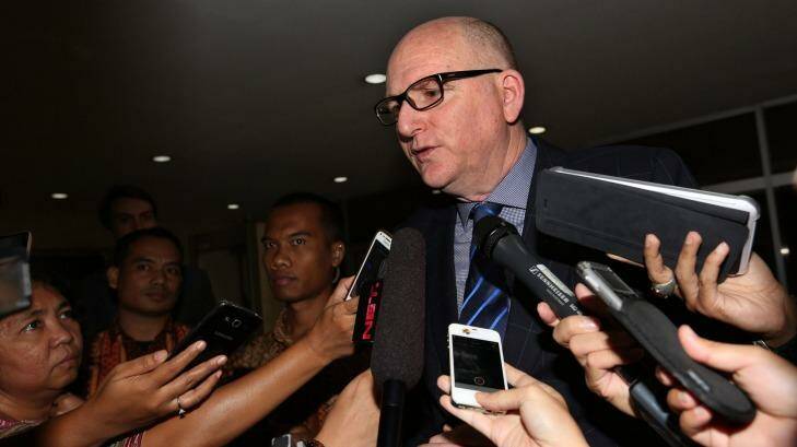 Australian Ambassador Paul Grigson talks to the media after meeting Indonesia's Foreign Minister yesterday. Photo: Tatan Syuflana