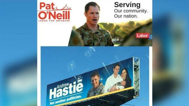 Mr Hastie was asked to remove a sign of him in military gear after Brisbane Labor candidate Pat O'Neill received a similar request. Photo: Facebook