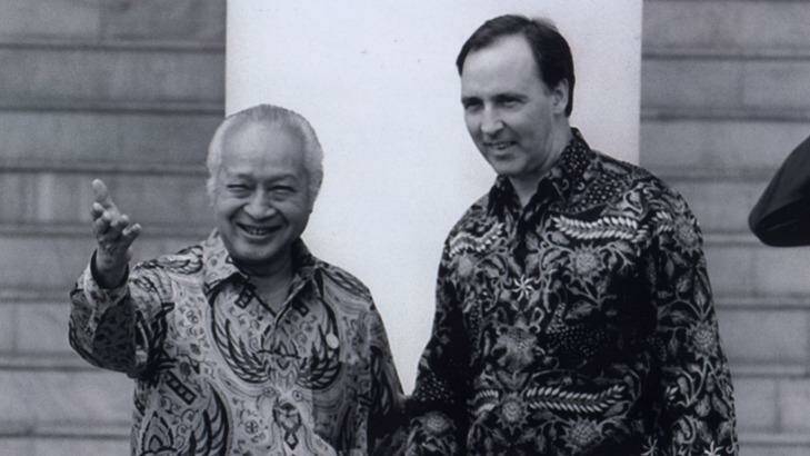 Then Indonesian president Suharto with  Keating at the APEC meeting in Bogor, Indonesia in 1994. Photo: Mike Bowers