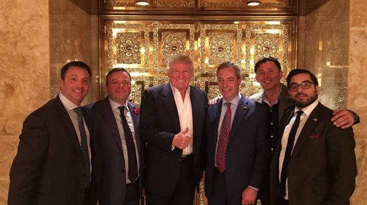 The Brex Pistols with Donald Trump. (From left) unidentified, Arron Banks, Trump, Nigel Farage, Andrew Wigmore, and Raheem Kassam. Photo: Twitter @RaheemKassam