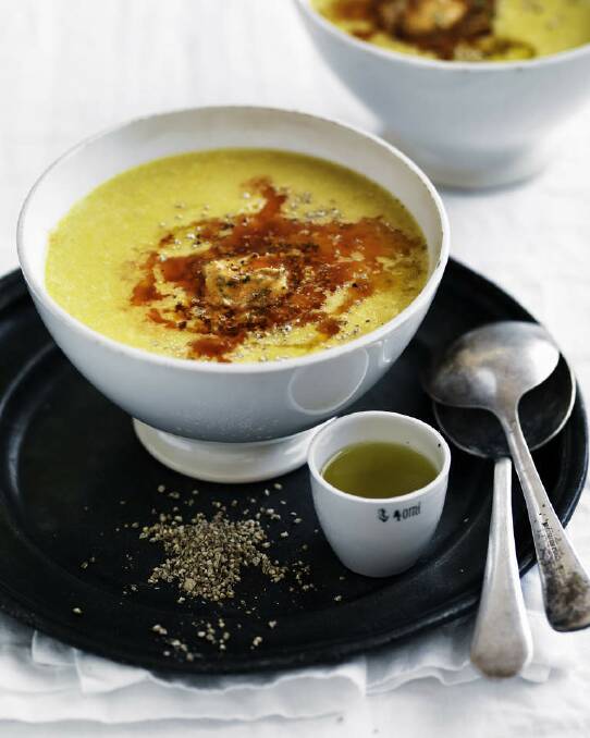 Neil Perry's sweet corn soup with garlic and chipotle butter <a href="http://www.goodfood.com.au/good-food/cook/recipe/sweet-corn-soup-with-garlic-and-chipotle-butter-20120410-29u0f.html"><b>(recipe here).</b></a> Photo: William Meppem