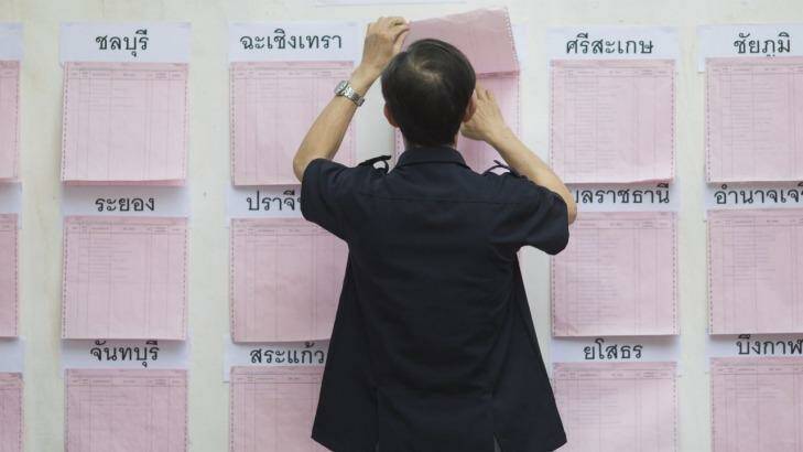 BANGKOK, THAILAND A voter checks a registration board at a polling station in Bangkok. Photo: Brent Lewin/Getty Images