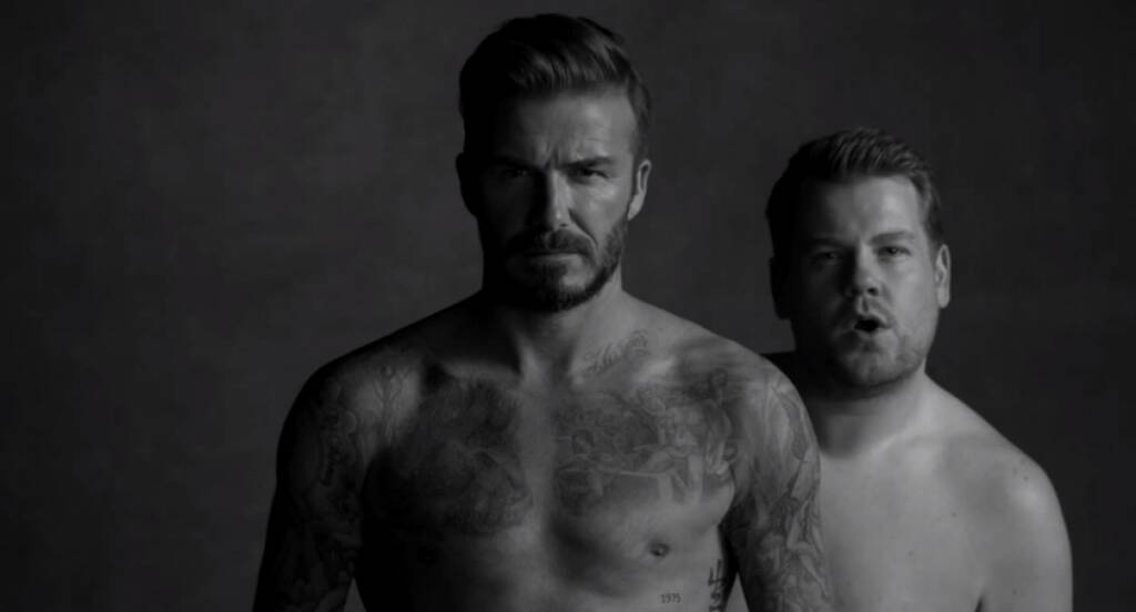 David Beckham and James Corden in their spoof advertisement for "D&J Briefs". Photo: YouTube