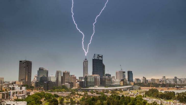 A spectacular lightning strike on Perth city. Photo: Luke Baker Photography