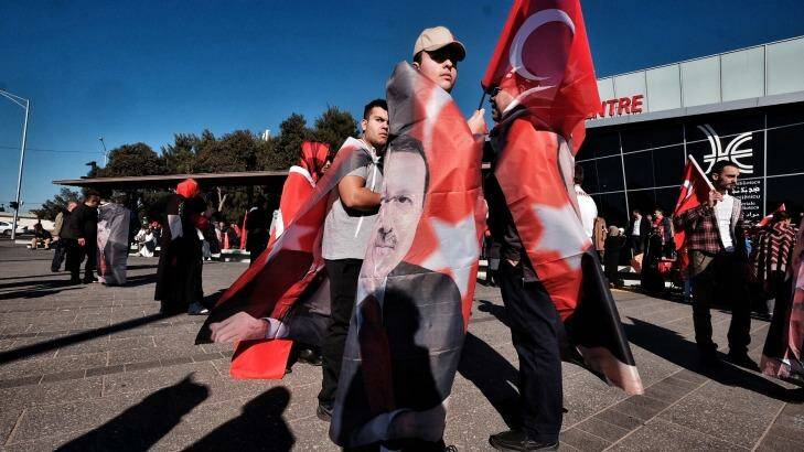Members of Melbourne's Turkish community meet outside Broadmeadows Library in Melbourne, in support of Turkey's president after a failed coup attempt in Turkey. Melbourne, Saturday July 16, 2016. Photo: Luis Ascui Photo: Luis Ascui