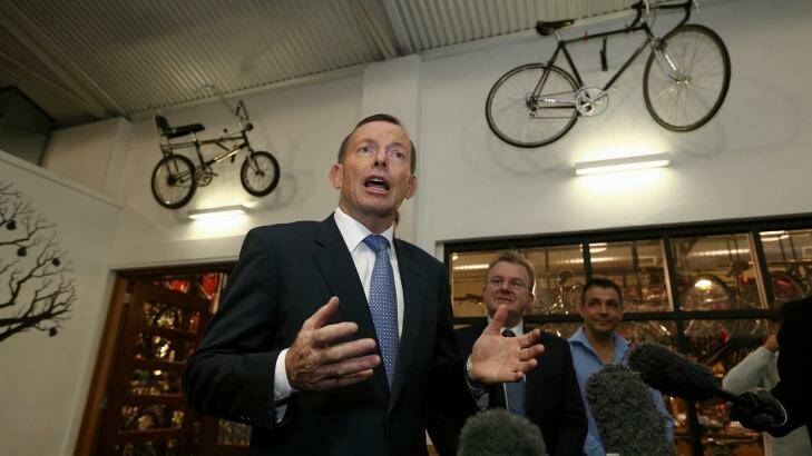 Prime Minister Tony Abbott and Small Business Minister Bruce Billson during a visit to Celestino Cafe in Fyshwick on Wednesday 27 May 2015. Photo: Alex Ellinghausen Photo: Alex Ellinghausen