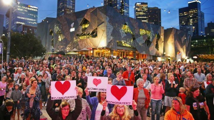 Hope, not resignation: Federation Square was filled with Melburnians hoping for clemency for Myuran Sukumaran and Andrew Chan. Photo: Scott Barbour/Getty Images