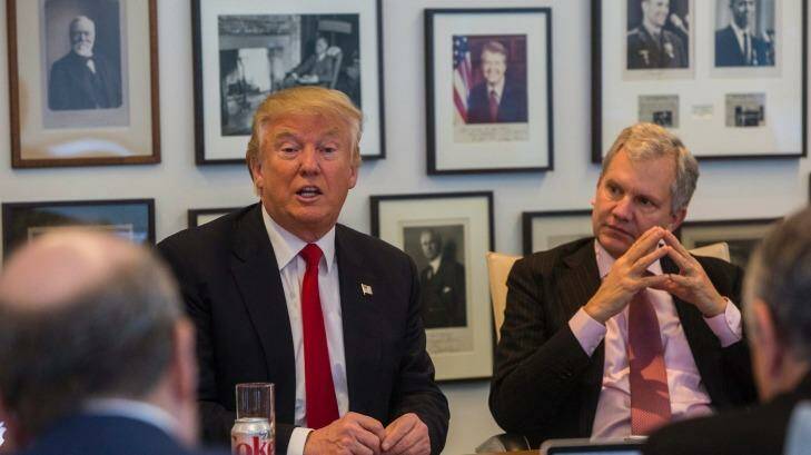 US President-elect Donald Trump during a meeting with Arthur Sulzberger jnr, right, publisher of <i>The New York Times</i>, along with reporters, editors and columnists from the paper. Photo: New York Times