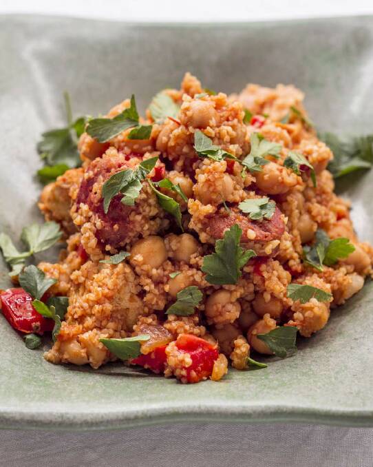 Simple one-pot dinner: Frank Camorra's chicken and chorizo with chickpeas and cous cous <a href="http://www.goodfood.com.au/good-food/cook/recipe/chicken-and-chorizo-onepot-with-chickpeas-and-cous-cous-20140310-34ghp.html?rand=1402276714112"><b>(recipe here).</b></a>. Photo: Marina Oliphant