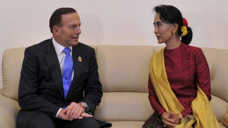 Rights concerns: Tony Abbott meets Myanmar opposition leader Aung San Suu Kyi. Photo: David Foote 