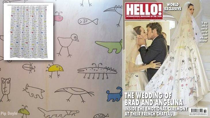 The view of back of the dress (right), covered in drawings done by her children. The IGGE shower curtain (left and inset) by IKEA. 

 Photo: Hello! Magazine, Pip Doyle 