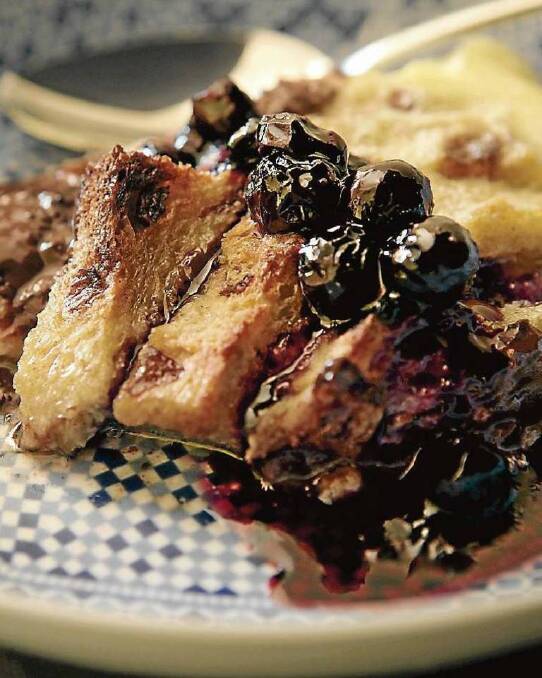 Chocolate bread and butter pudding with blueberry sauce <a href="http://www.goodfood.com.au/good-food/cook/recipe/chocolate-bread-and-butter-pudding-with-blueberry-sauce-20111018-29wnj.html"><b>(RECIPE HERE).</b></a> Photo: Jennifer Soo
