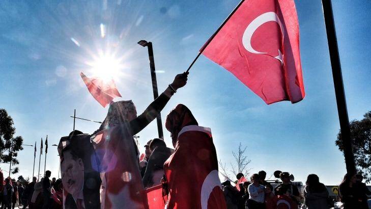 Members of Melbourne's Turkish community meet outside Broadmeadows Library in Melbourne, in support of Turkey's president after a failed coup attempt in Turkey. Melbourne, Saturday July 16, 2016. Photo: Luis Ascui Photo: Luis Ascui