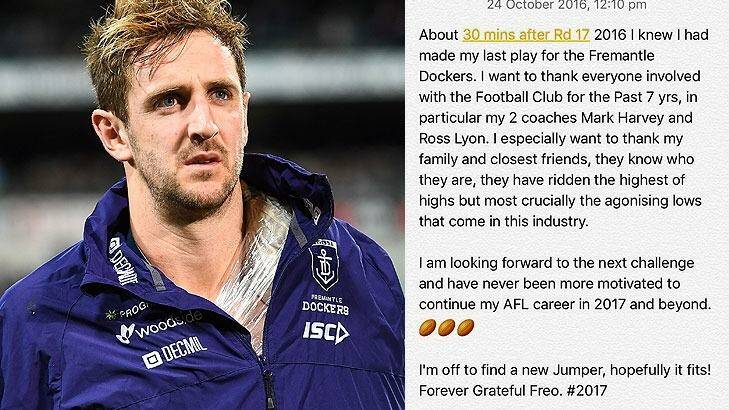 Michael Barlow told his Twitter followers he is leaving the Fremantle Dockers.