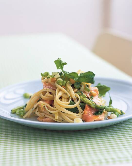 Linguine with flaked salmon and asparagus <a href="http://www.goodfood.com.au/good-food/cook/recipe/linguine-with-flaked-salmon-and-asparagus-20131031-2wjco.html"><b>(recipe here).</b></a>