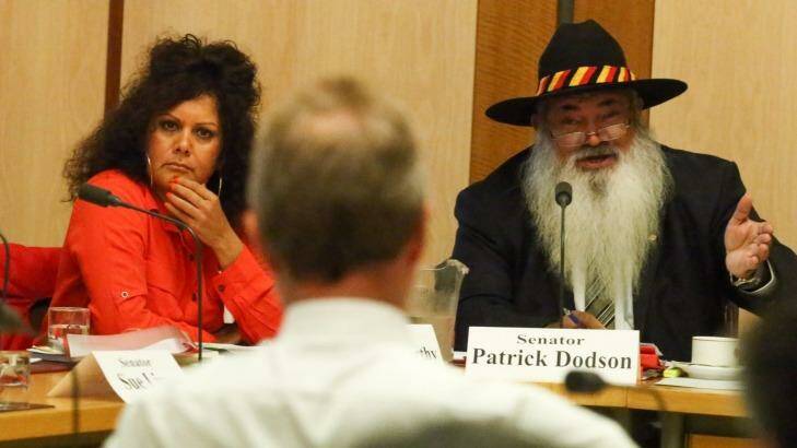 Senators Malarndirri McCarthy (left) and Pat Dodson (right) with Indigenous Affairs Minister Nigel Scullion (foreground) during a hearing before the Finance and Public Administration Legislation Committee at Parliament House in Canberra on Friday 21 October 2016. Photo: Alex Ellinghausen