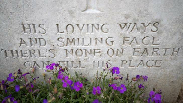 An inscription on a headstone in the Pozieres British Cemetery near Albert, France. Photo: Matt Cardy