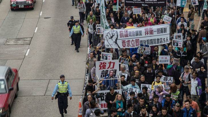 People take part in a rally on January 10 in Hong Kong, protesting the disappearance of five Hong Kong booksellers. Photo: Lam Yik Fei