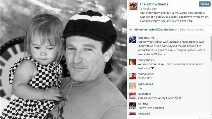 Photo from Robin Williams Instagram account, showing a photo of Robin with his daughter Zelda Williams, in early years.
