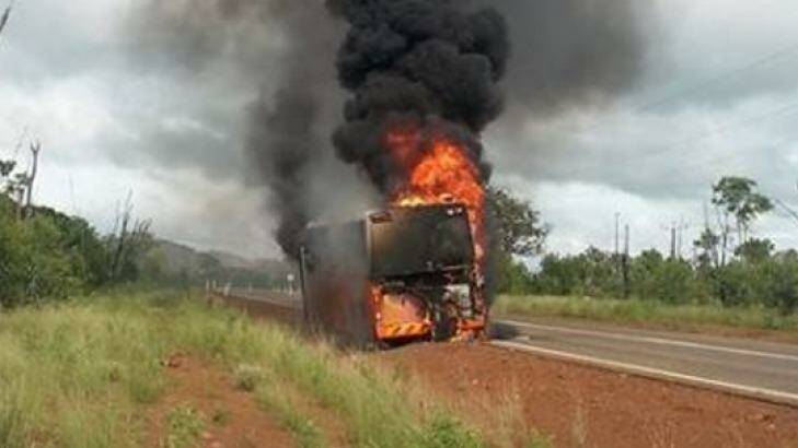 The school bus engulfed in flames. Photo: WA Police