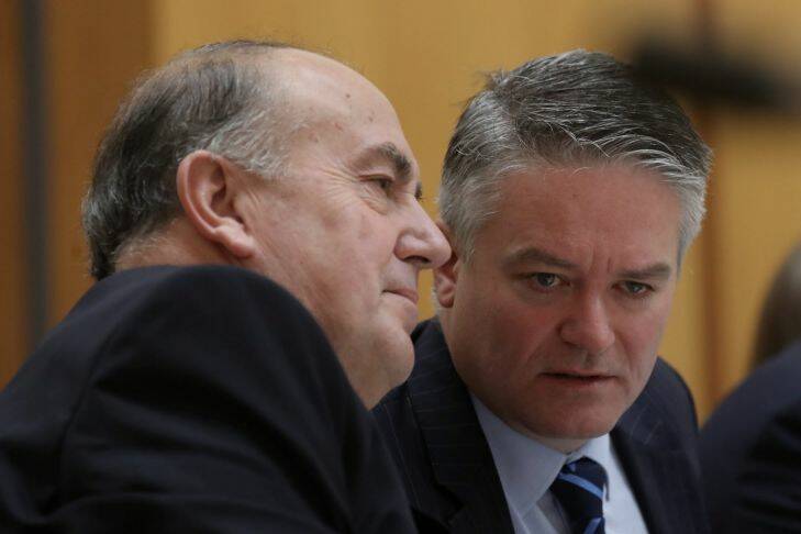 John Fraser Secretary of the Treasury and Finance Minister Senator Mathias Cormann during Budget Estimates at Parliament House in Canberra on Monday 29 May 2017. Photo: Andrew Meares 