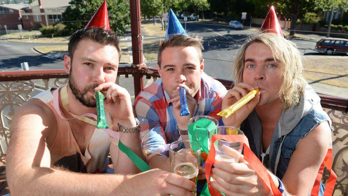 BALLARAT: Getting an early start to the New Year’s Eve festivities were, from left, Chris Sargent, Tim Miller and Mitch Perryman. Photo: KATE HEALY
