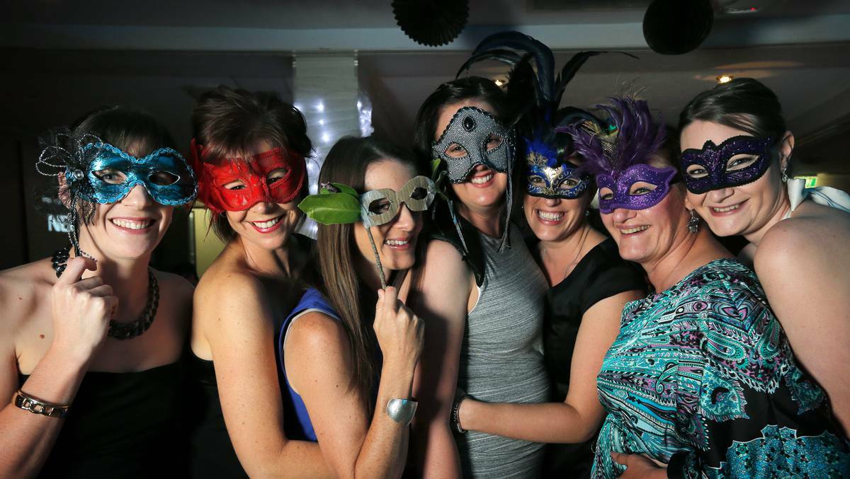 ALBURY-WODONGA: Chantel Goonan, Tammy Nelson, Adrienne Ryan, Kylie Evers, Liz Clancy, Brigitte Weber and Mel Fisher at the Rydges Albury Masquerade ball. Photo: TARA GOONAN