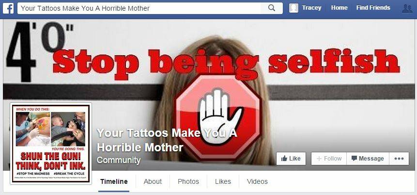The 'Your Tattoos Make You A Horrible Mother' Facebook Page cover shot.