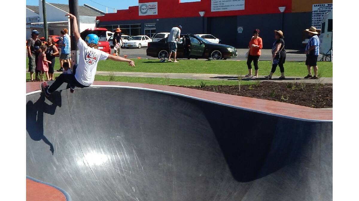 Bailey Lange defies gravity at the opening of the new Collie Skate Park. Photo: Angela Clutterbuck/Mandurah Mail.