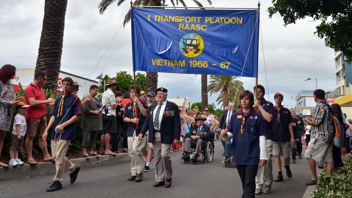 PORT MACQUARIE: The town lined the streets for the Anzac Day march. Photo: Nigel McNeil, The Port Macquarie News. 