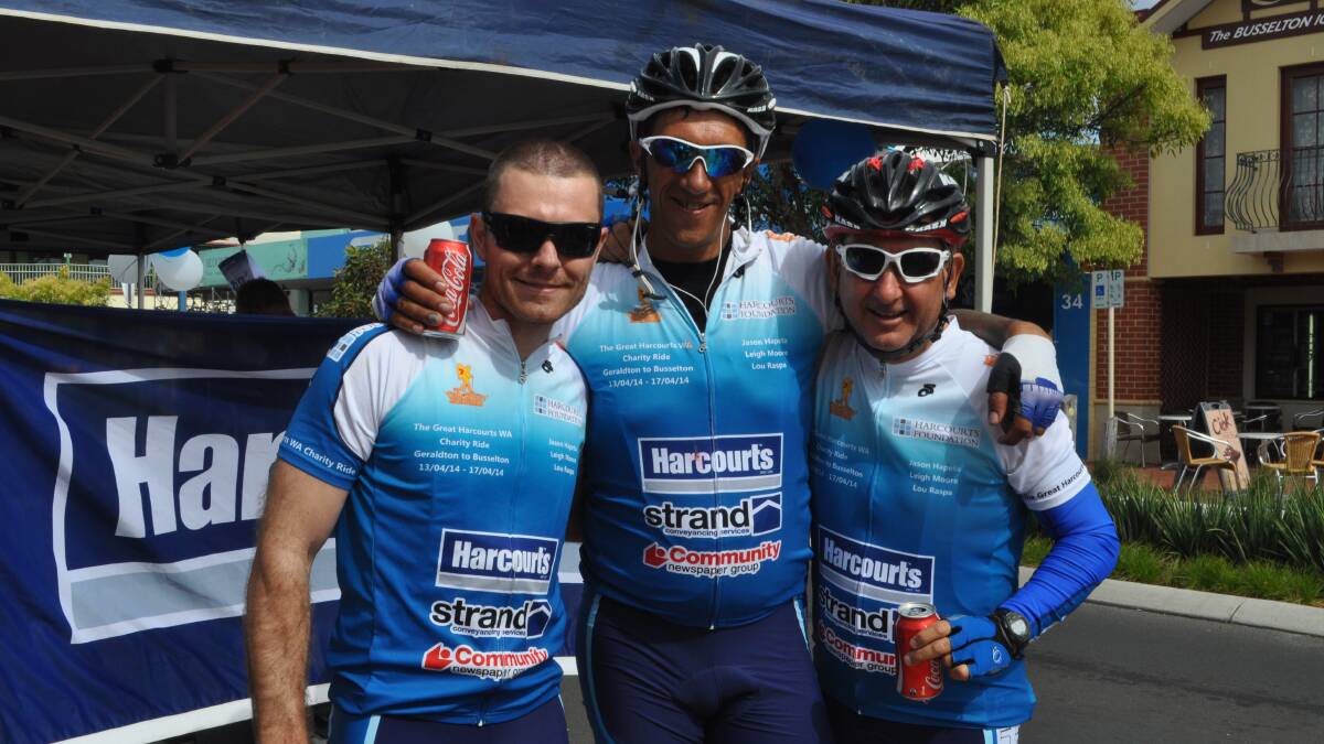 Leigh Moore, Jason Hapeta and Lou Raspa after their 650 kilometre ride 
